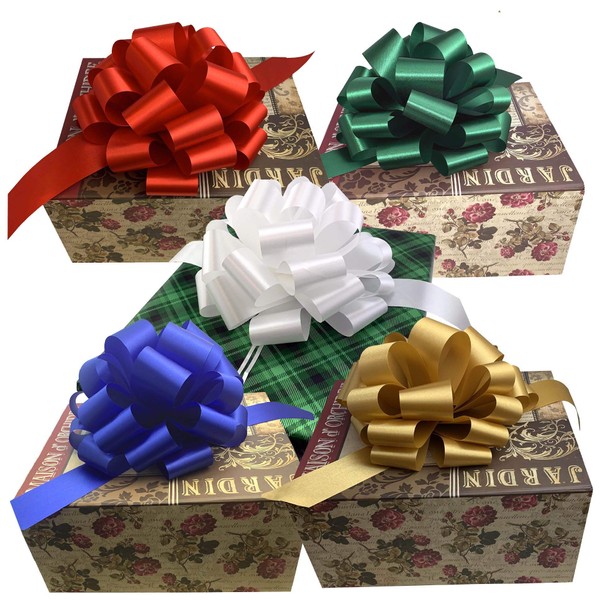Gold, White, Green, Blue, Red Pull Bows for Large Christmas Gifts - 9" Wide, Set of 5, Decor for Presents, Birthday, Holiday Embellishments, Boxing Day, Fundraiser, School Dance