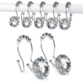 Shower Curtain Hooks, Goowin Crystal Shower Curtain Rings, Stainless Steel Rust Proof Double Shower Hooks for Curtains, Shower Curtain & Liner Decor (Crystal White).