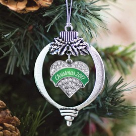 Inspired Silver - Green Christmas 2017 Charm Ornament - Silver Pave Heart Charm Holiday Ornaments with Cubic Zirconia Jewelry