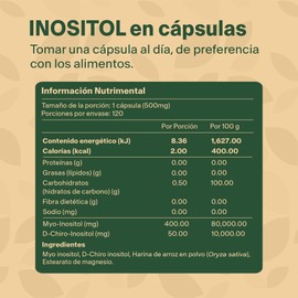 Myo-Inositol y D-Chiro-Inositol 40:1 con 120 cápsulas de 500mg (4 meses). VitalBotanics. Suplementos Alimenticios. Multivitaminico. Libre de Gluten y Aditivos. Apto Dieta Keto.