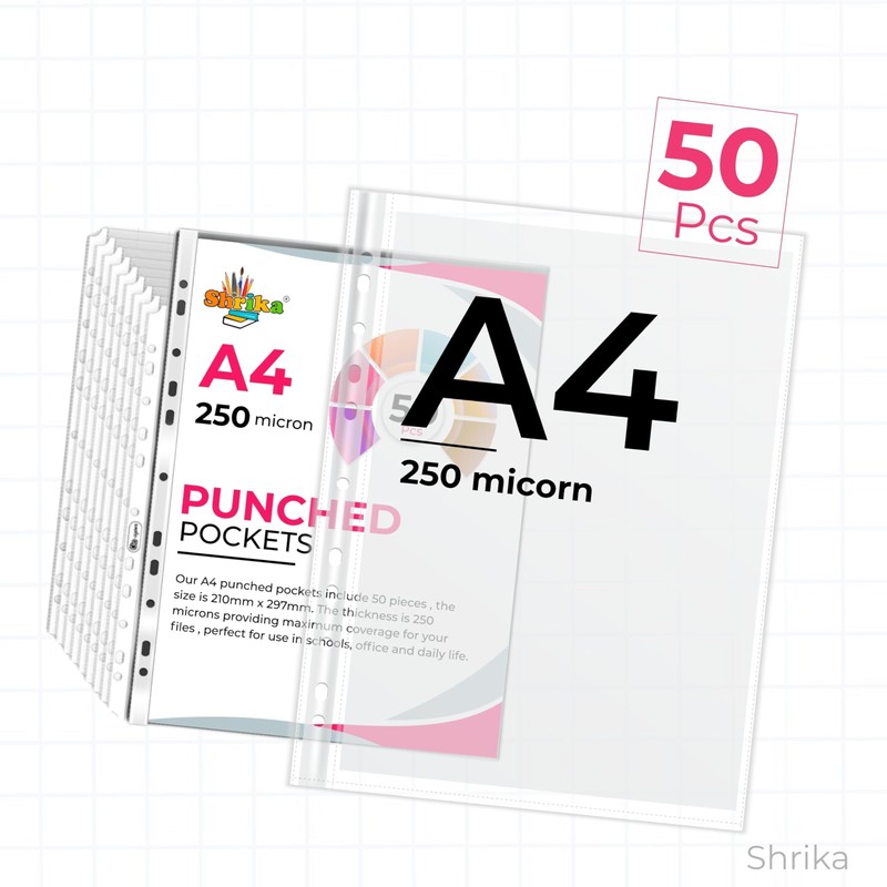 Shrika A4 Punched Pockets 50 Pack - Clear Plastic Wallets,