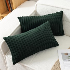 UGASA Christmas Velvet 12x20 Inch Lumbar Soft Throw Pillow Covers Decorative Striped Corduroy Both Sides Rectangular Cushion Cases Boho Farmhouse for Couch Bedroom Sofa Home, Pack of 2, Dark Green