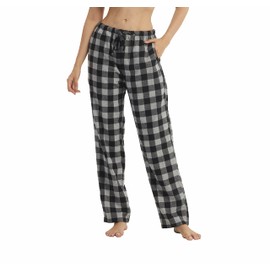 Christmas Pajama Bottoms Women Cotton Flannel Pj Pants Fuzzy Plaid Pajamas with pockets & drawstring Soft Lounge Sleepwear, Grey, Large