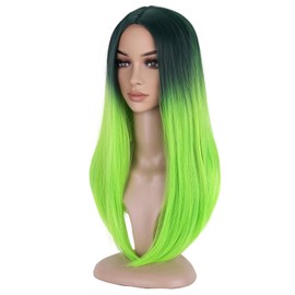 RightOn 20 Inches Ombre Green Wig Long Straight Green Hair for Cosplay Costume Party with Hairnet