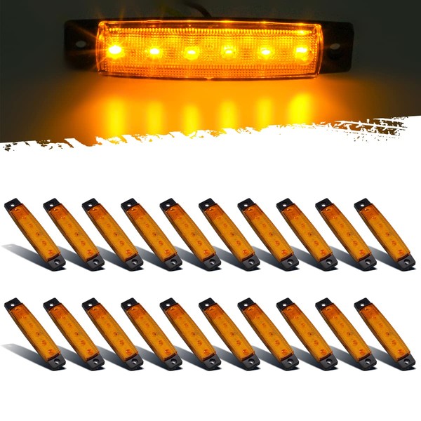 Partsam 20Pcs Thin 3.8" 6 LED Amber Clearance Lights, Front Side Marker Lights for Trucks Trailer Motorcycle Lorry Camper