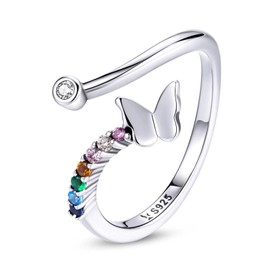 Qings Colorful Butterfly Open Ring 925 Sterling Silver Dainty Rainbow Sparkling Cubic Zircons Adjustable Expandable Gift for Women Girls Girlfriend