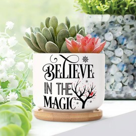 DecStic Believe in The Magic Ceramic Planters Bible Verse Pots for Plants with Drainage Holes and Saucers Pot for Succulents Cactus Garden Windowsill