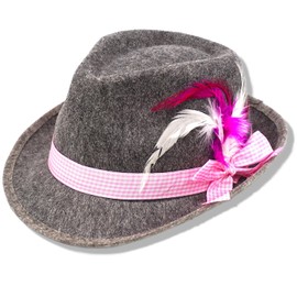 BF Souvenirs Bavarian Party Costume Hat ROSI Grey with White & Pink Feather Fendora - Bavaria Tyrol Oktoberfest Carnival Party Costume Hut Party Folk Festival