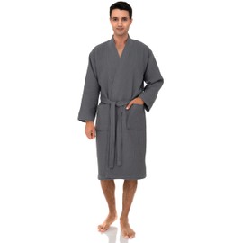 TowelSelections Men’s Waffle Bathrobe Lightweight Spa Kimono Bath Robe X-Small-Small Steel Gray