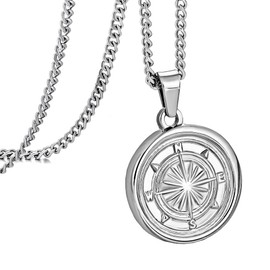 murtoo Mens Necklace, Compass Pendant for Men, Silver Coin Pendant for Men Women, Stainless Steel Cuban Chain Necklace Gift Ideas for Men Women 50cm+5cm