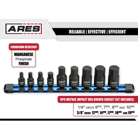 ARES 70497 - 9-Piece Metric Impact Hex Driver Set - Chrome Moly Steel Construction and Manganese Phosphate Coating - Includes Storage Rail - Low Profile and Designed for Impact Use