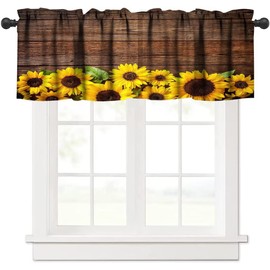 Retro Sunflower Blackout Window Valance,Yellow Sunflower and Brown Wooden Board or Windows/Living Room/Kitchen/Bathroom/Farmhouse Window Curtain Treatment, 1 Panel 54x18