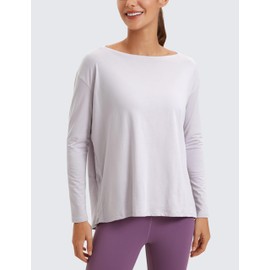 CRZ YOGA Pima Cotton Long Sleeve Workout Shirts for Women Loose Fit Athletic Yoga T-Shirts Casual Boat Neck Fall Tops Iced Iris Medium