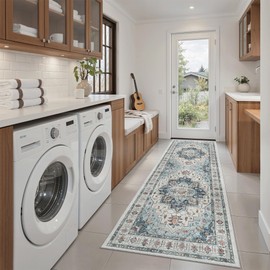 Madane Washable Runner Rug - 2x6 Rug Runners for Hallways 6 Feet Non Slip Vintage Kitchen Runner Rug Ultra-Thin Bathroom Runner Rugs Carpet Laundry Room Bedroom (2x6ft, Blue)