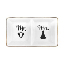 Mr. & Mrs. Ring Dish - Elegant Ceramic Ring Holder for Engagement, Wedding, and Bridal Shower Gifts - Honeymoon Keepsake for Friends, Newlyweds, and Bride-to-Be