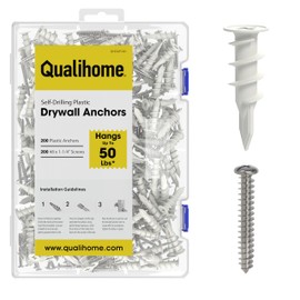 Heavy Duty Plastic Self Drilling Drywall Anchors and Screws Kit | Includes 200 Drywall Anchors, 200#8 1-1/4 Inch Screws & Reusable Storage Case, 400 Pieces