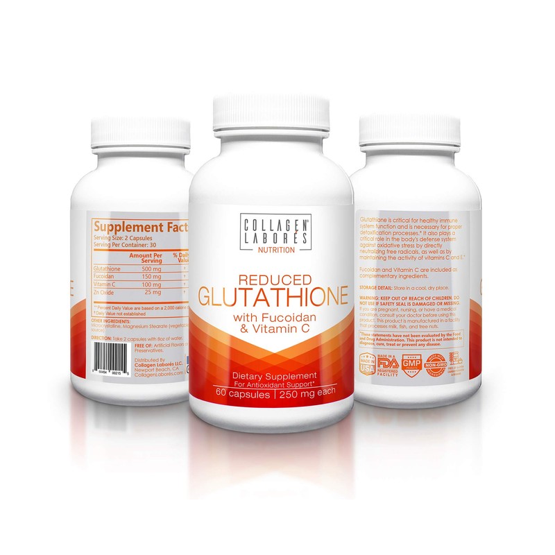 Reduced Glutathione 250mg Supplements – 60 Capsules – with Fucoidan