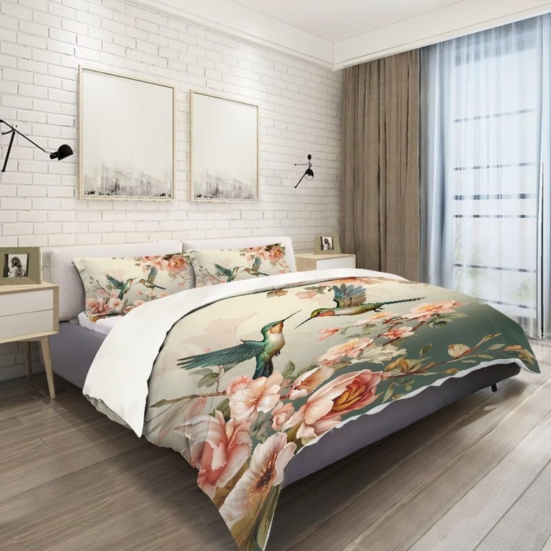 ZFRXIGN Flower Hummingbirds Bedding Set Queen Size Comforter Set 3