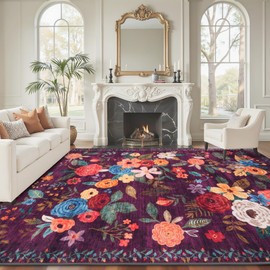 Babovid Area Rugs 9x12 Living Room Washable Rug Non Slip Floral Low Pile Large Rug for Living Room, Bedroom, Farmhouse, Dining Room, Kids Playroom(Purple Lawn, 9 x 12)