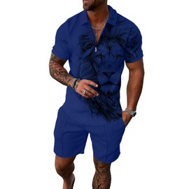 UOUA Mens Track Suits 2 Piece Sets Short Sleeve Sweatsuit Outfits 1/4 Zip Golf Polo Shirts Summer Shorts Loungewear Blue Lion L