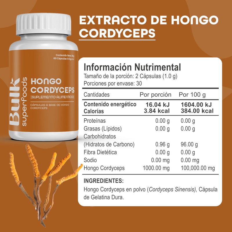 BULK SUPERFOOD Hongo Cordyceps en Cápsulas - 60 Cápsulas -