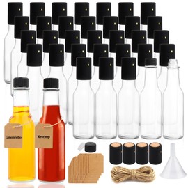 GUANENA 35 Pack 5oz Hot Sauce Bottles, Clear Glass Woozy Bottles with Leak Proof Black Screw Caps, Dripper Inserts and Shrink Capsules, Empty Small Wine Bottles with Labels (Bonus Funnel and Twine)