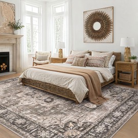 Area Rug 5x7 Washable Vintage - Soft Traditional Rugs for Living Room Large Non Slip Backing with Low Pile Farmhouse Oriental Retro Carpet for Bedroom Dining Room or Home Office - Dark Brown