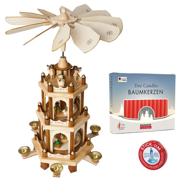 Set of BRUBAKER Christmas Pyramid 3-Tier 18 Inches + 20 Red Candles + Stick-Um Candle Adhesive