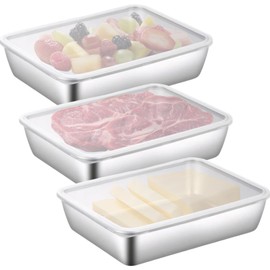3 Pieces Stainless Steel Crisper Box, Refrigerator Crisper Food Storage Boxs, Food Containers Sets with Plastic Lid, Storage Boxs, Cold Cuts Box Fresh, Refrigerator Organizer