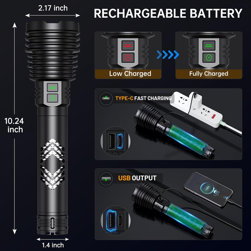 Rechargeable Flashlights 6000.000 High Lumens, Super Bright LED Flashlight with