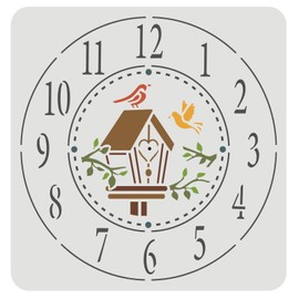 FINGERINSPIRE Clock Stencil 11.8x11.8 inch Create DIY Clock Crafts Stencil Template Branches Bird House Clock Stencils with Number Plastic Reusable Clock Decor Stencil for Painting on Wood Floor Wall