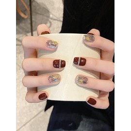 BIBII Nails Handmade Nail Tip, Red Nail Tip, Korean, Popular Mine-based Nail Tip, Short, Large Size, 10 Pieces, 100% Handmade Nails Press on Nails, Pink, 3D Nails, Luxurious, Fantasy, Glitter, Spring