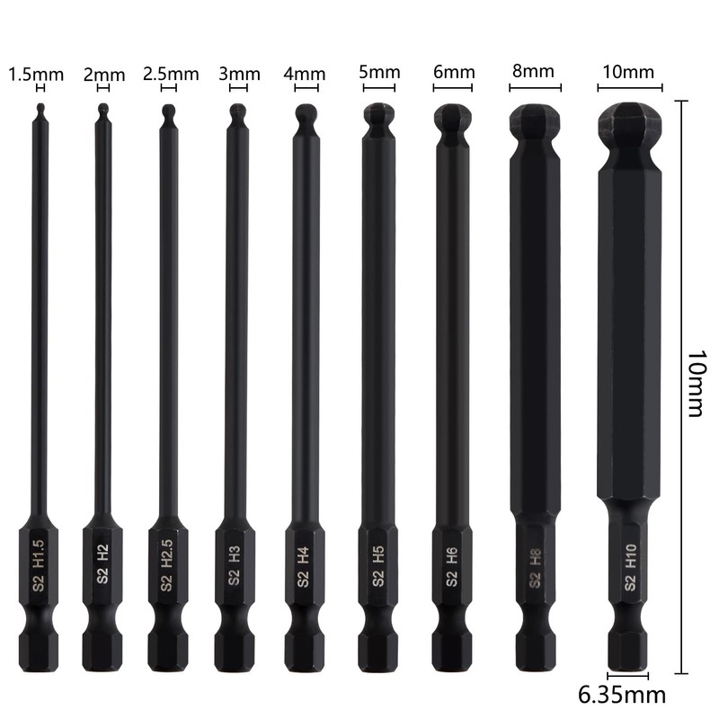 KIMLONTON Hex Ball Point Bit, 9-Piece Set, S2 Steel, Black