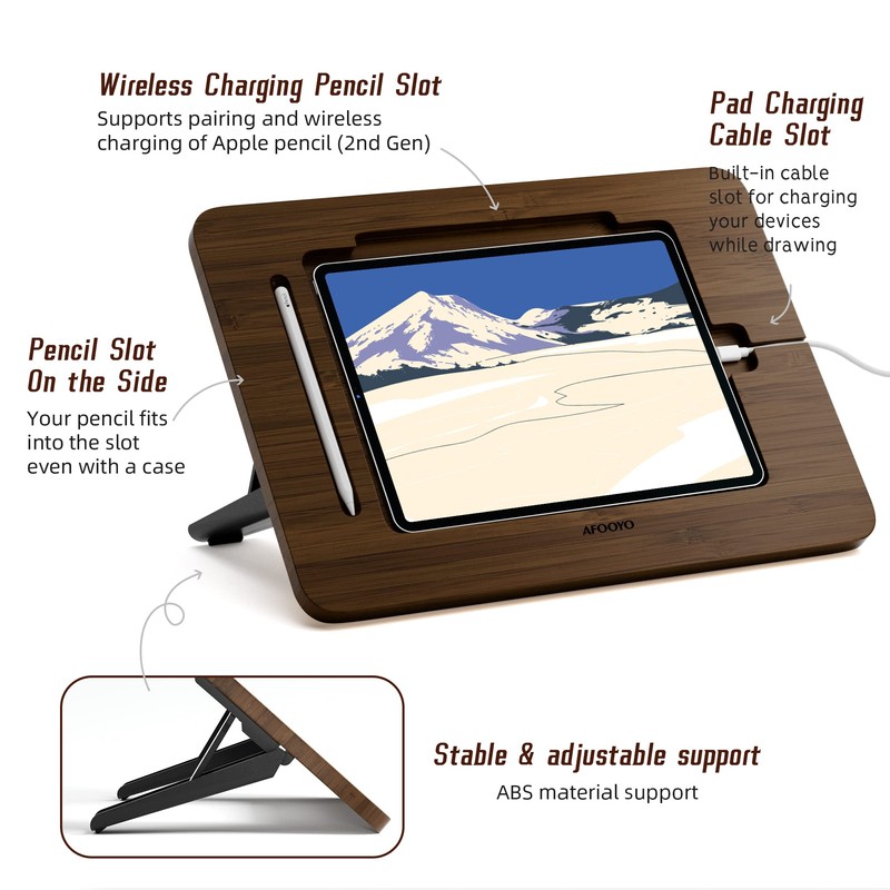 AFOOYO Bamboo Tablet Stand - Portable & Adjustable 5 Angles,