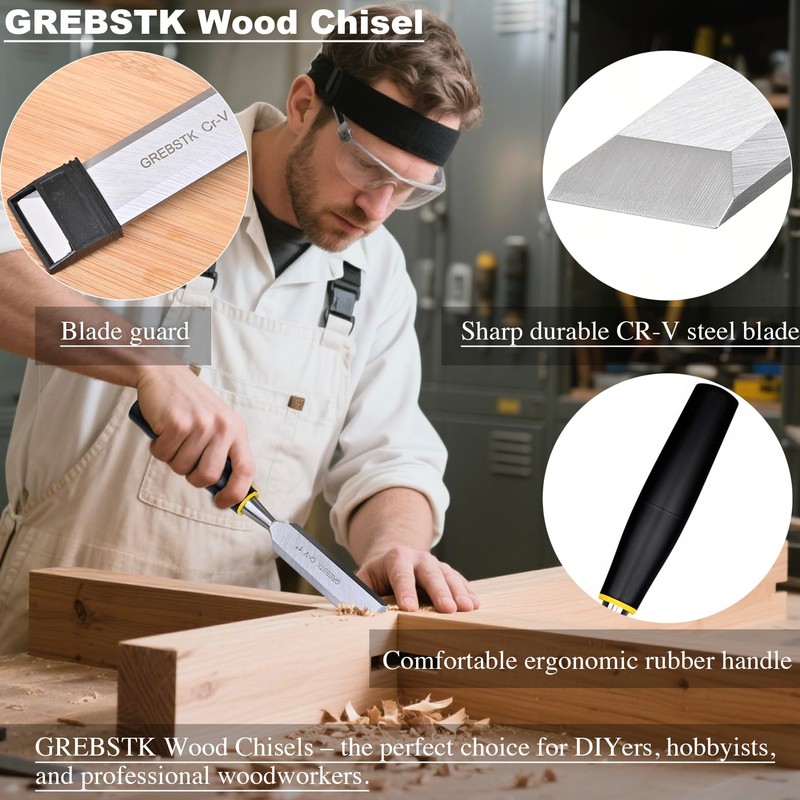 GREBSTK 4PCS Wood Chisel Set, Chrome Vanadium Steel Beveled Blades,