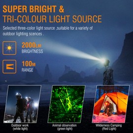 BORUIT HP360 LED Rechargeable Headlamp with White Green Red Light,Super Bright 2000 Lumen Head Lamp Flashlight,IP67 Waterproof,7 Working Modes,Suitable for Adults Running Camping Hiking Fishing