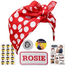 Rosie The Riveter Costume Kit, Bandana, Name Patch, Pin Badges, Stickers and Tattoo's 1940s Woman Historically Accurate Dress-Up Accessories
