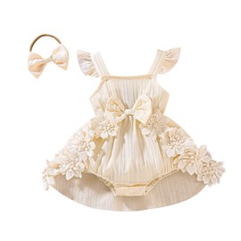 Douhoow Baby Girl Dress Romper Ruffle Sleeveless Bow Front Romper Dress with Headband Infant Girl Summer Clothes (Beige, 0-3 Months)