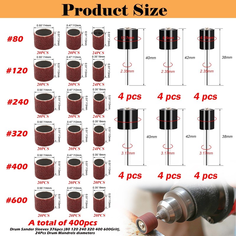 mxuteuk 400 Pieces Sanding Drum Set Sanding Disc Set with