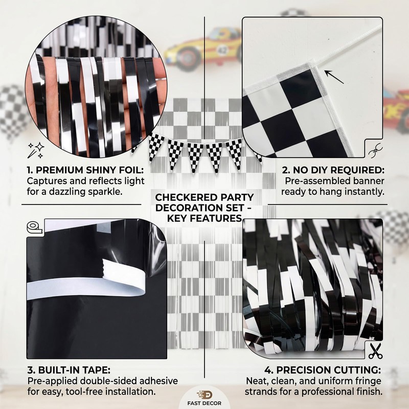 4 Pack Black White Checkered Party Decoration Set, 2 Pack