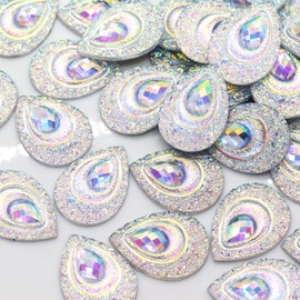 Heiolox 50 Pcs Resin Colorful Drop Peacock Eye Flatback Rhinestone, MM Water Drop Flatback Resin,for Bags, Clothe,Shoes, Wedding DIY Decorative Crafts (White)