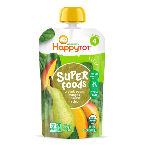 Happy Tot Superfoods Stage 4 Organics Toddler Food Pear Mango Spinach, 4.22 Ounce Pouch (Packaging May Vary)