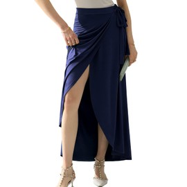 DOUBLJU - Maxi faldas bohemias de cintura alta con abertura hasta el tobillo, falda larga y básica para mujer con talla grande, Cwbls037_azul marino, X-Large