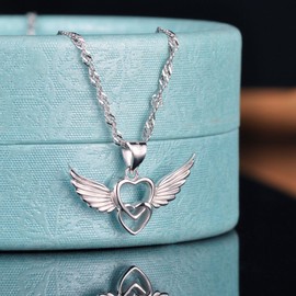 Yumilok Jewelry 925 Sterling Silver Interlocking Hearts Angel Wings Pendant Necklace for Women/Girls