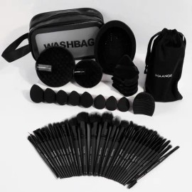 Maange 30 Brochas Maquillaje Profesional Y Herramientas Cosméticas Y Esponjas Para Maquillaje Y Bolsa De Vellón Y Neceseres Y Huevo Limpiador De Brochas De Maquillaje Color Negro