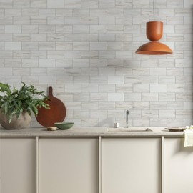 Vamos Tile 100-Piece Glossy Wooden Marble Grain Peel and Stick Backsplash Tile,3''x6'' PVC Subway Tile with White Grout, Stick on Backsplash for Kitchen/Bathroom/Fireplace
