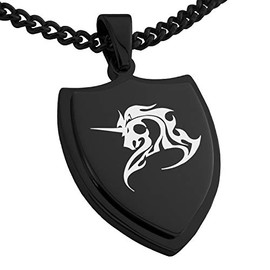 Tioneer Black Stainless Steel Tribal Unicorn Shield Pendant Necklace