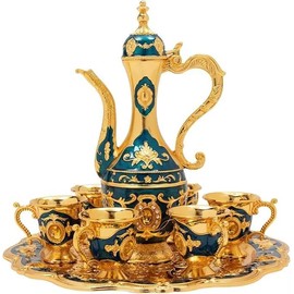 Vintage Turkish Coffee Pot Cups Set with Tray and 6 Cups Retro Coffee Pot Cups Set Exquisite Wine Pot Set Decorative Vintage Tea Service Set for Home Party Decor (Golden Blue)