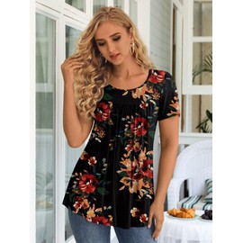 LONGYUAN Woman Soft Tunic Tops Summer Comfy Blouse 2025 Short Sleeve Shirts Flower Print Stretch Tee Fl XX-Large