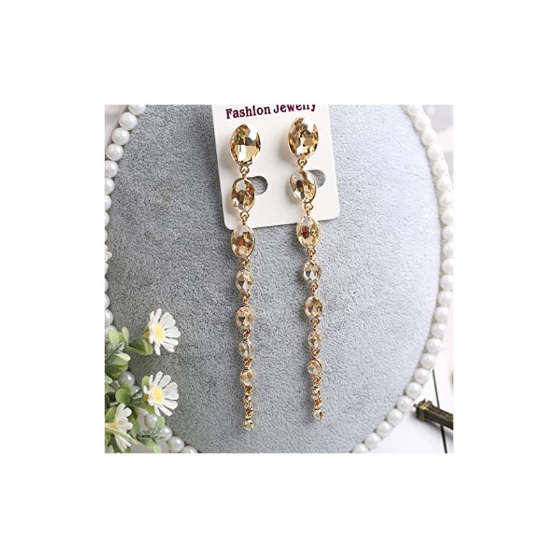 Long Crystal Beaded Tassel Teardrop Dangle Chain Earrings for Women